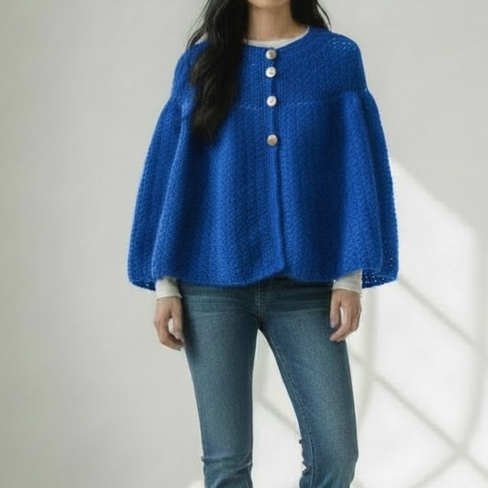 Vintage 70s handmade crocheted blue poncho shawl cardigan with brass buttons